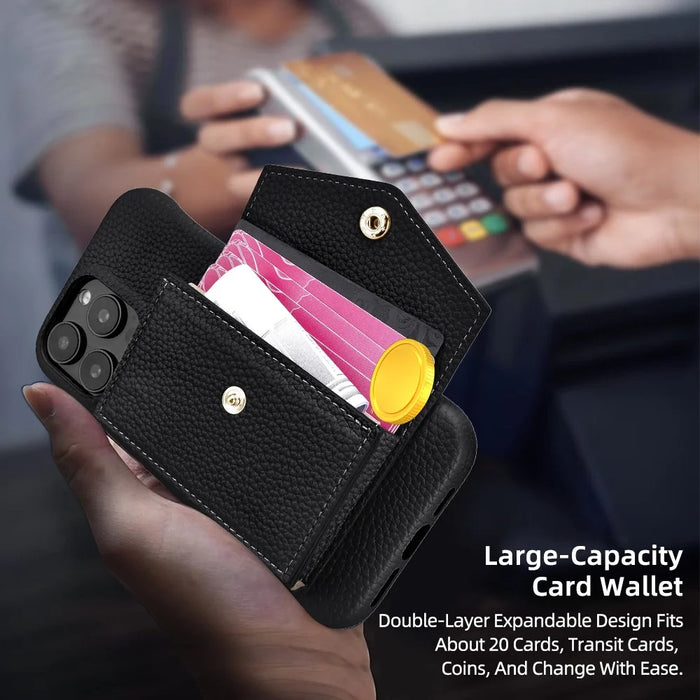 For iPhone 16 Pro Max Case Mirror Design Card Slots Leather Back Cover with Shoulder Strap - Black - 5