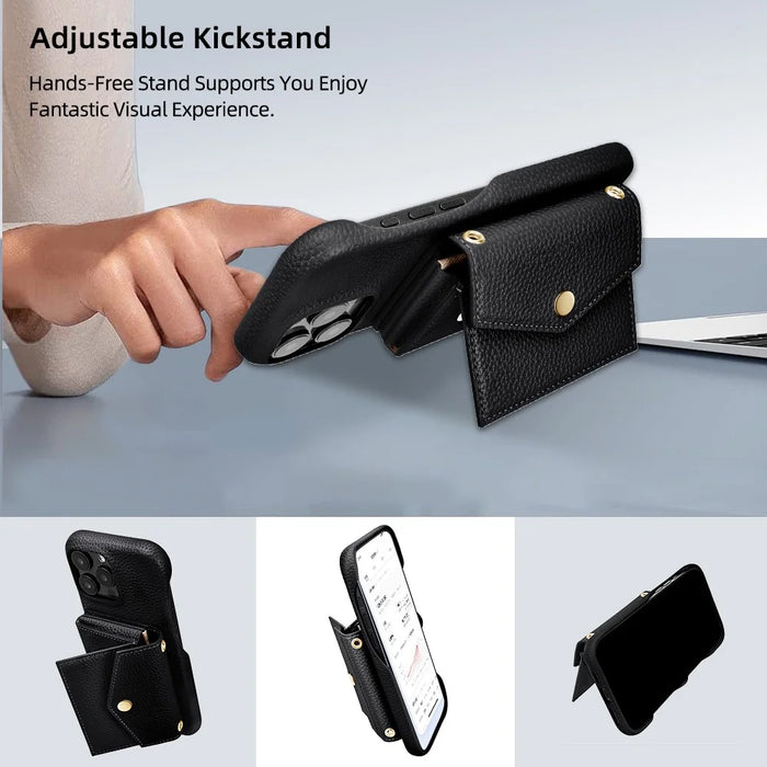 For iPhone 16 Pro Max Case Mirror Design Card Slots Leather Back Cover with Shoulder Strap - Black - 6
