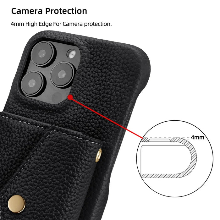 For iPhone 16 Pro Max Case Mirror Design Card Slots Leather Back Cover with Shoulder Strap - Black - 7