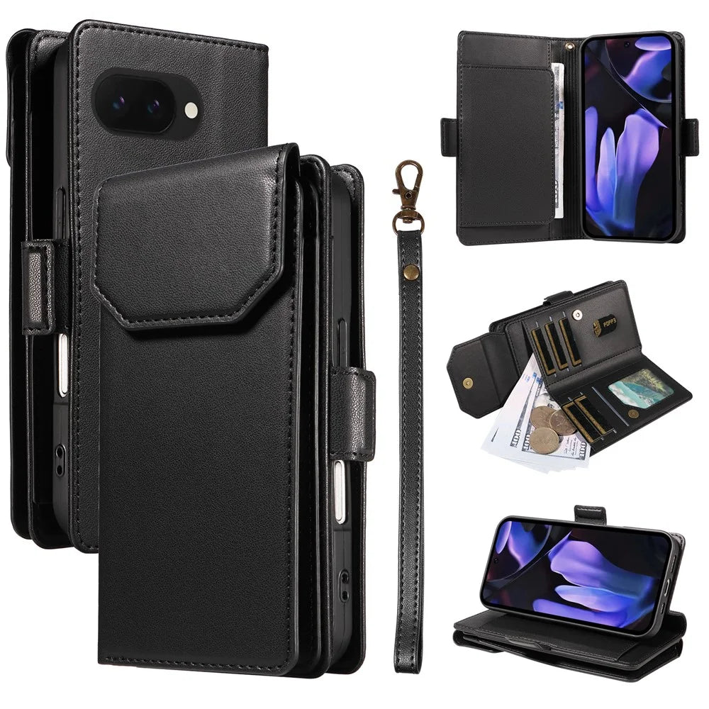 For Google Pixel 9a Case with Multi-Card Holder and Strap PU Leather Phone Cover Stand - Black - 1