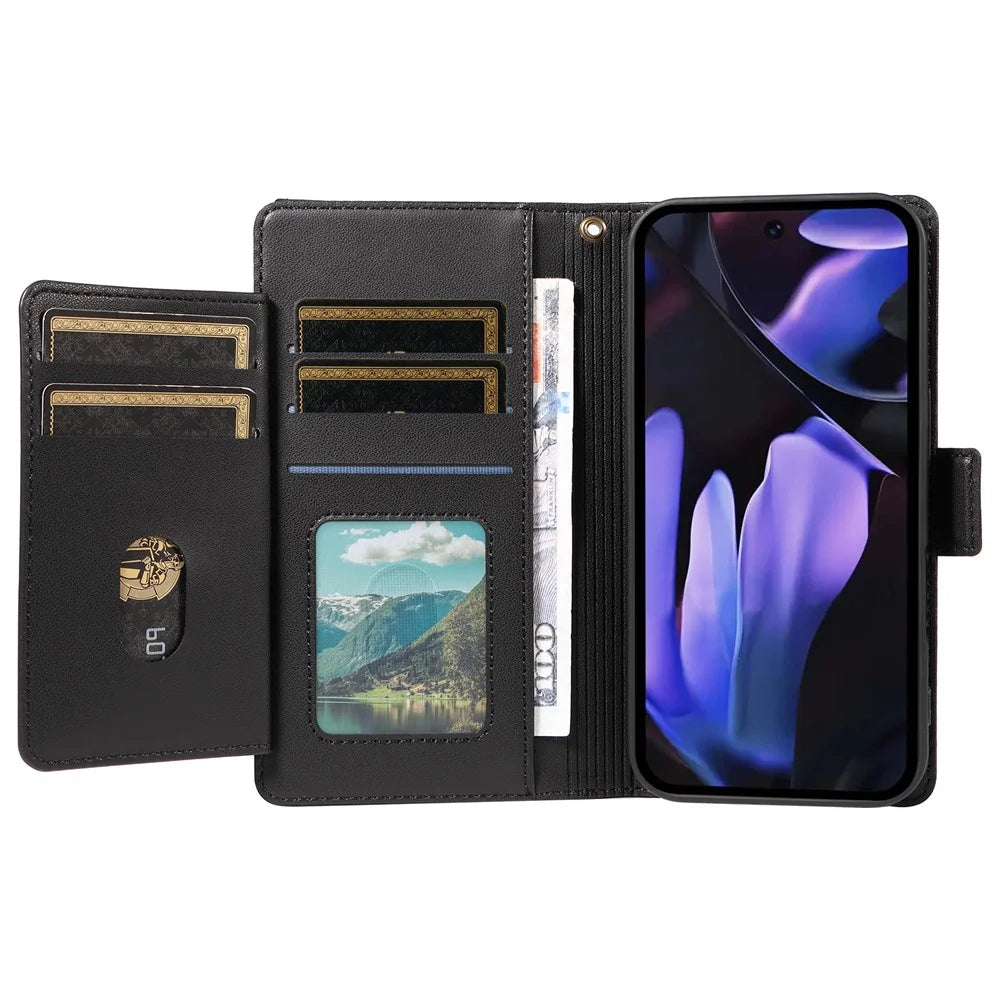 For Google Pixel 9a Case with Multi-Card Holder and Strap PU Leather Phone Cover Stand - Black - 2