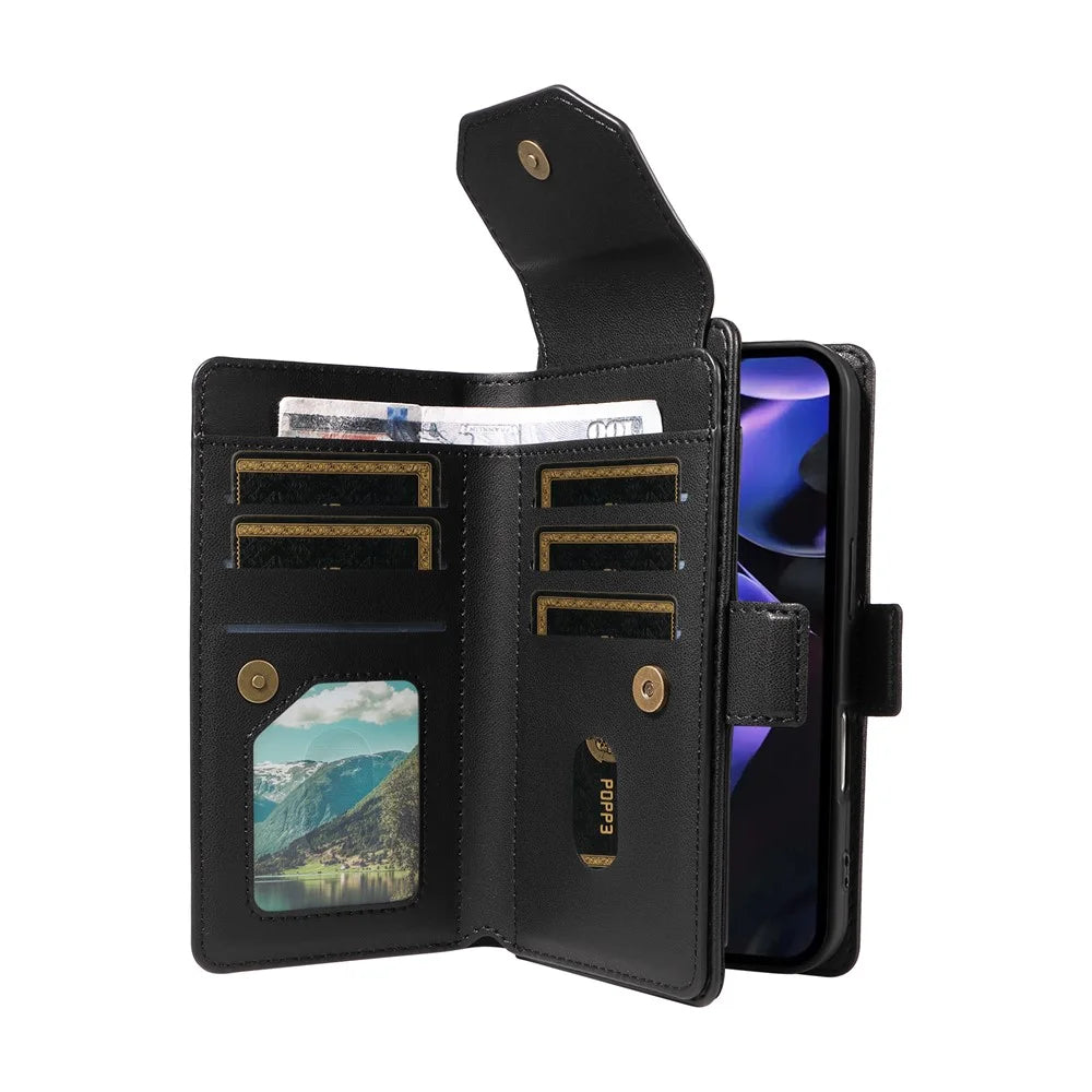 For Google Pixel 9a Case with Multi-Card Holder and Strap PU Leather Phone Cover Stand - Black - 3