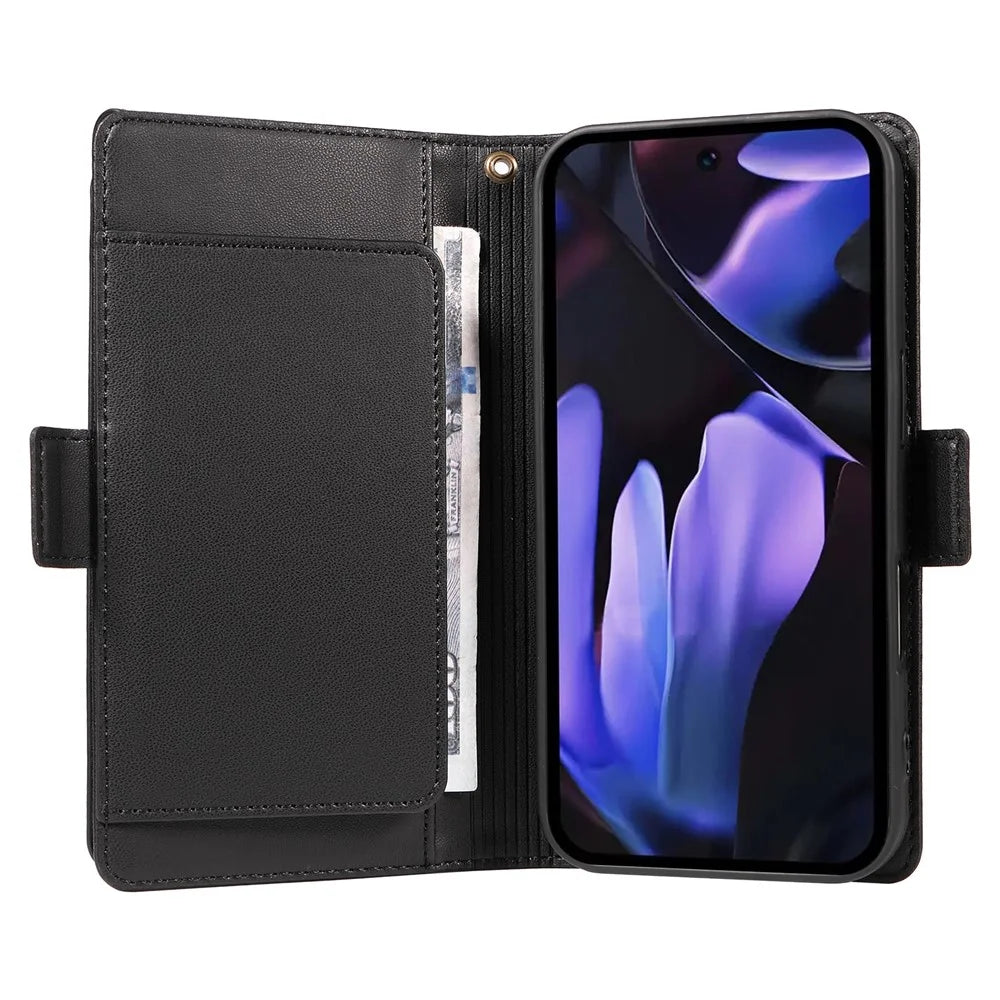 For Google Pixel 9a Case with Multi-Card Holder and Strap PU Leather Phone Cover Stand - Black - 4