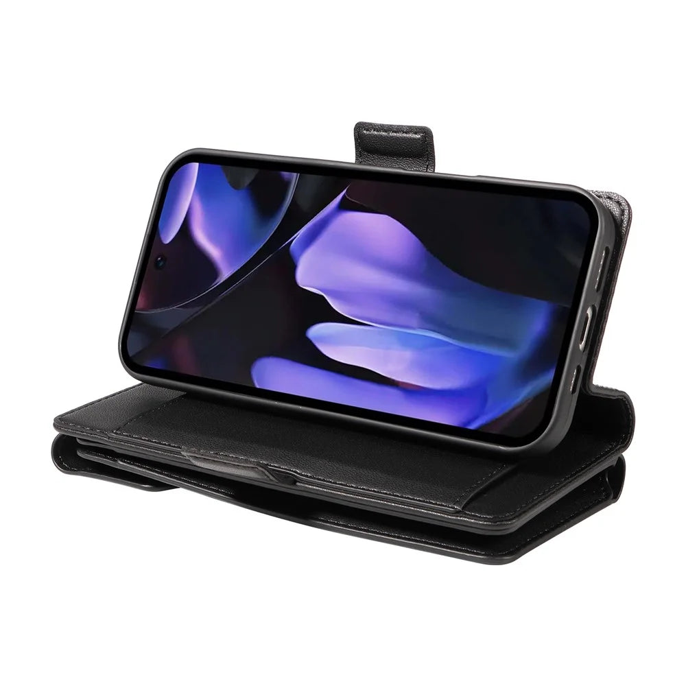 For Google Pixel 9a Case with Multi-Card Holder and Strap PU Leather Phone Cover Stand - Black - 5