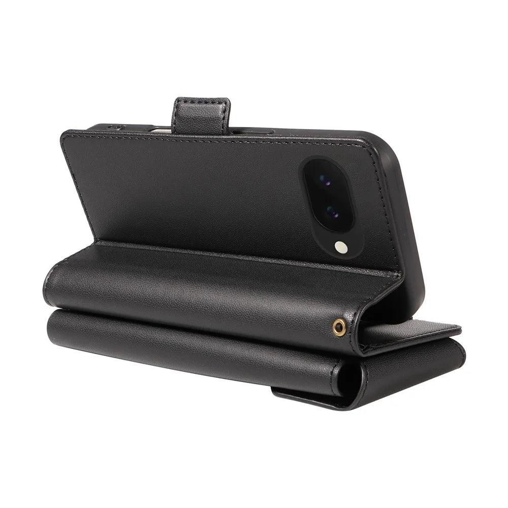 For Google Pixel 9a Case with Multi-Card Holder and Strap PU Leather Phone Cover Stand - Black - 6