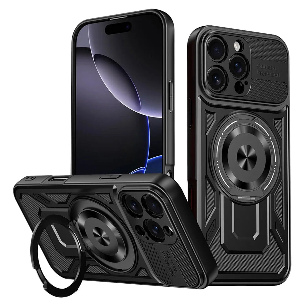 For iPhone 16 Pro Case Compatible with MagSafe Rotating Kickstand TPU + PC Phone Cover - Black - 1