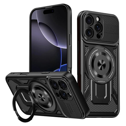 For iPhone 16 Pro Case Compatible with MagSafe Rotating Kickstand TPU + PC Phone Cover - Black - 1