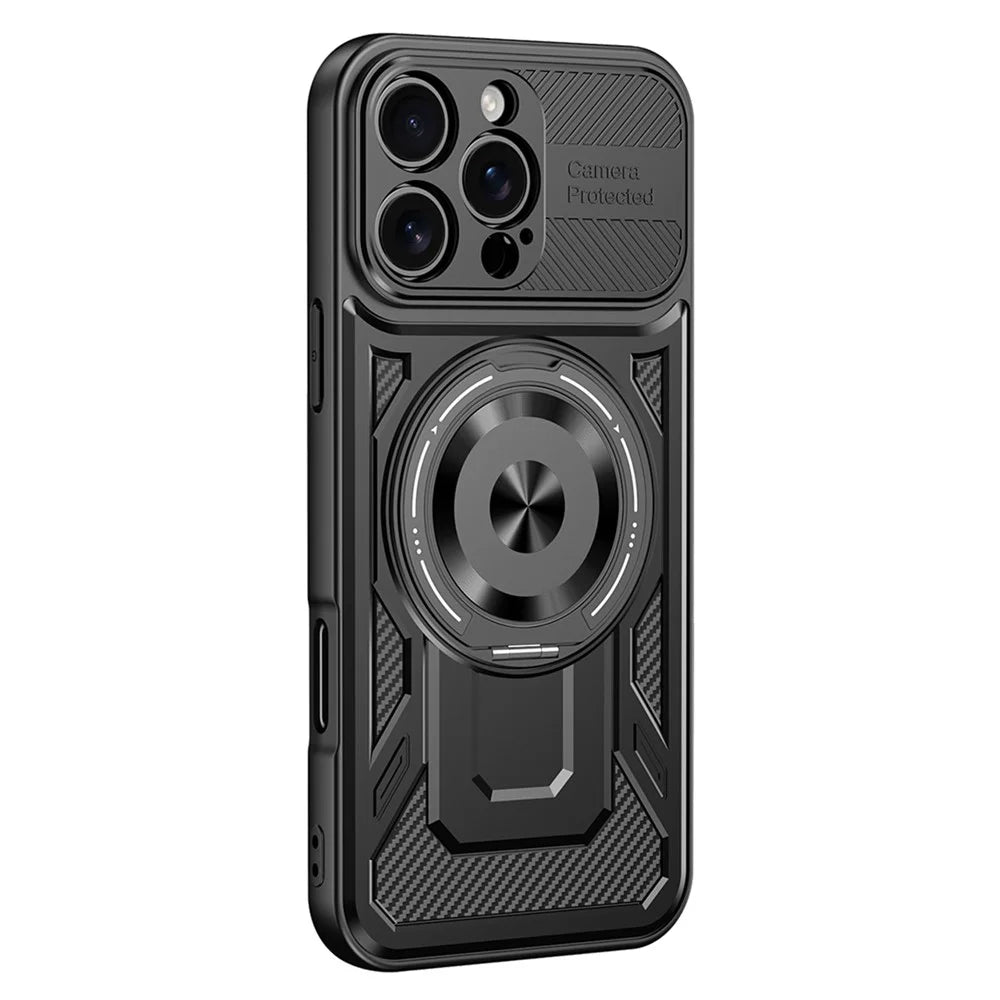 For iPhone 16 Pro Case Compatible with MagSafe Rotating Kickstand TPU + PC Phone Cover - Black - 2