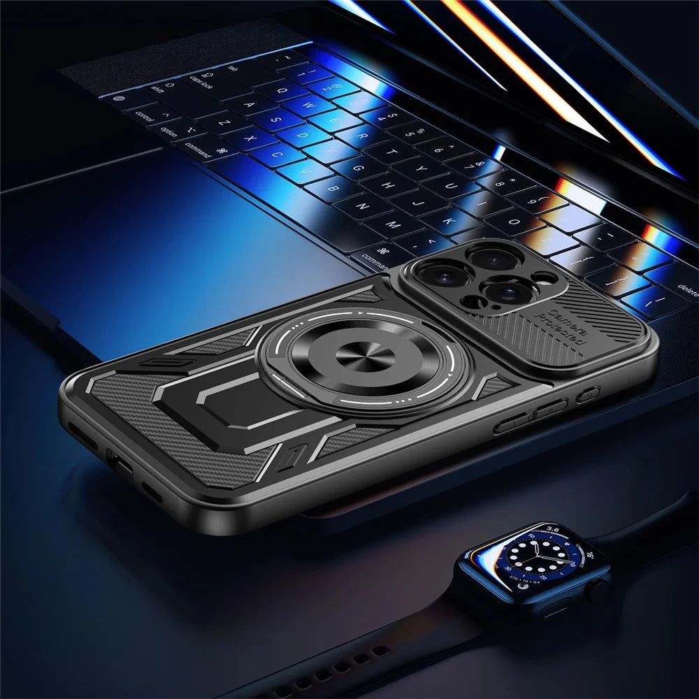 For iPhone 16 Pro Case Compatible with MagSafe Rotating Kickstand TPU + PC Phone Cover - Black - 3