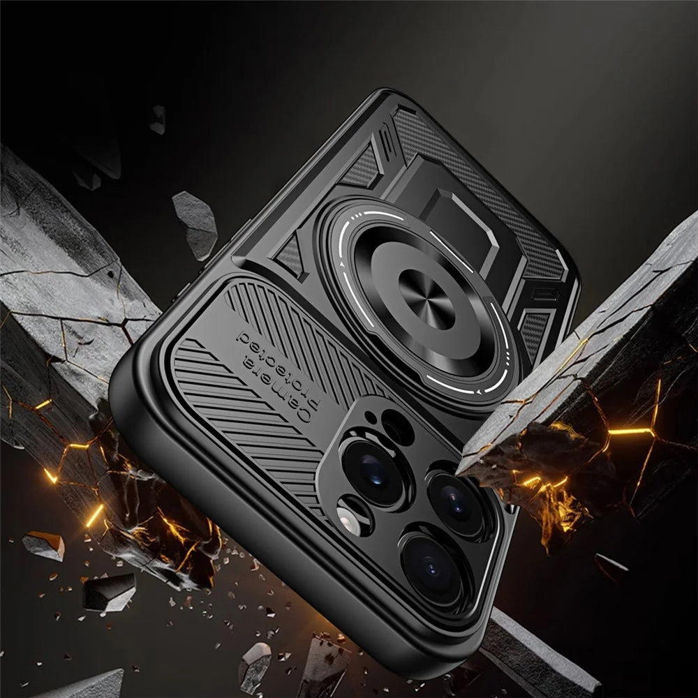 For iPhone 16 Pro Case Compatible with MagSafe Rotating Kickstand TPU + PC Phone Cover - Black - 6