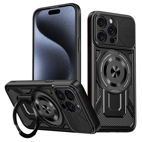 For iPhone 15 Pro Case Compatible with MagSafe Rotating Kickstand TPU + PC Phone Cover - Black - 1
