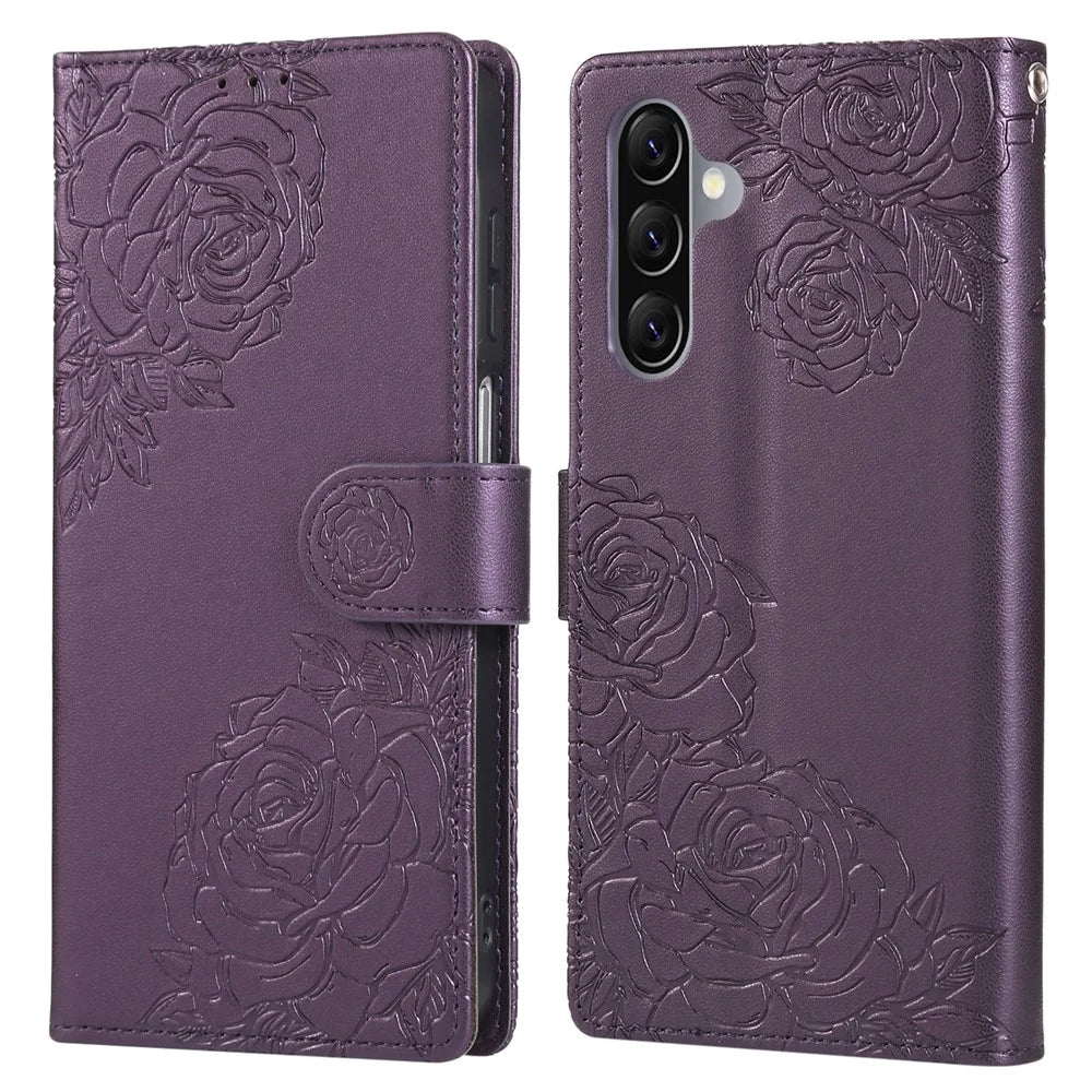 For Samsung Galaxy A26 5G Case Rose Flower PU Leather Wallet Phone Cover with 3 Card Slots - Dark Purple - 1