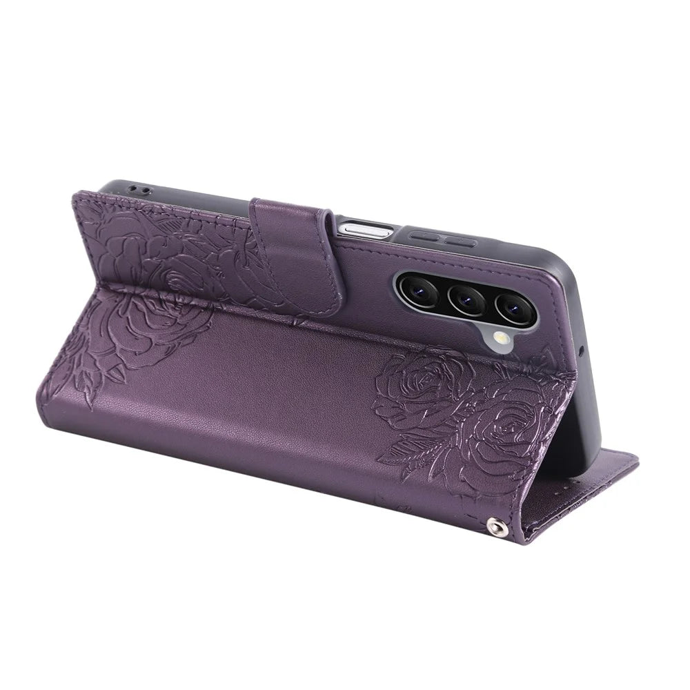 For Samsung Galaxy A26 5G Case Rose Flower PU Leather Wallet Phone Cover with 3 Card Slots - Dark Purple - 3
