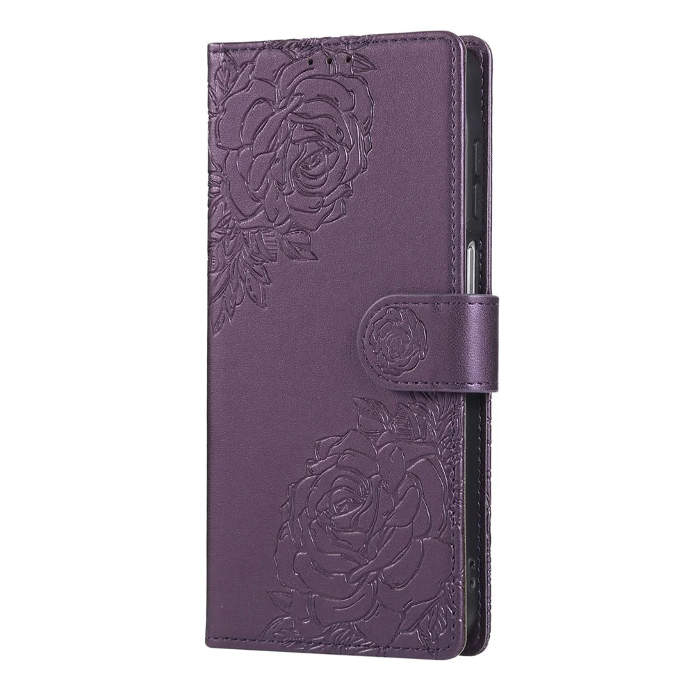 For Samsung Galaxy A26 5G Case Rose Flower PU Leather Wallet Phone Cover with 3 Card Slots - Dark Purple - 6