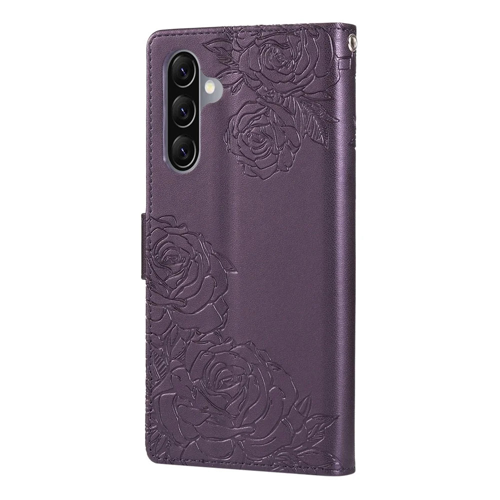 For Samsung Galaxy A26 5G Case Rose Flower PU Leather Wallet Phone Cover with 3 Card Slots - Dark Purple - 7