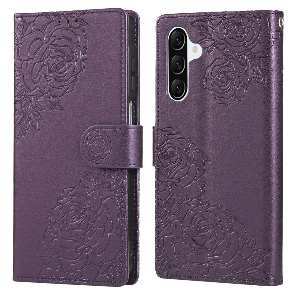 For Samsung Galaxy A36 5G Case Rose Flower PU Leather Wallet Phone Cover with 3 Card Slots - Dark Purple - 1