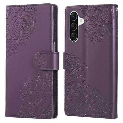 For Samsung Galaxy A36 5G Case Rose Flower PU Leather Wallet Phone Cover with 3 Card Slots - Dark Purple - 1
