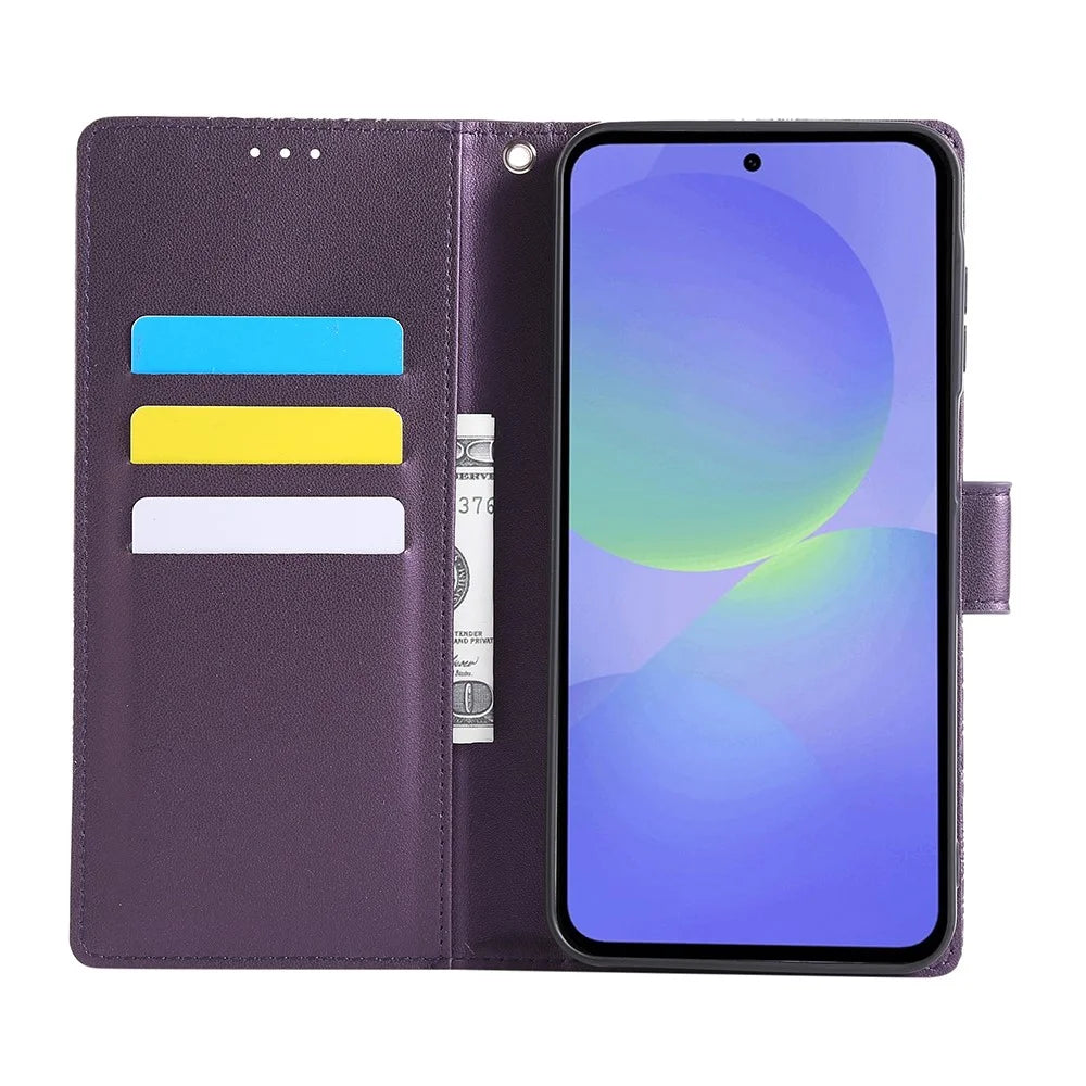 For Samsung Galaxy A36 5G Case Rose Flower PU Leather Wallet Phone Cover with 3 Card Slots - Dark Purple - 2