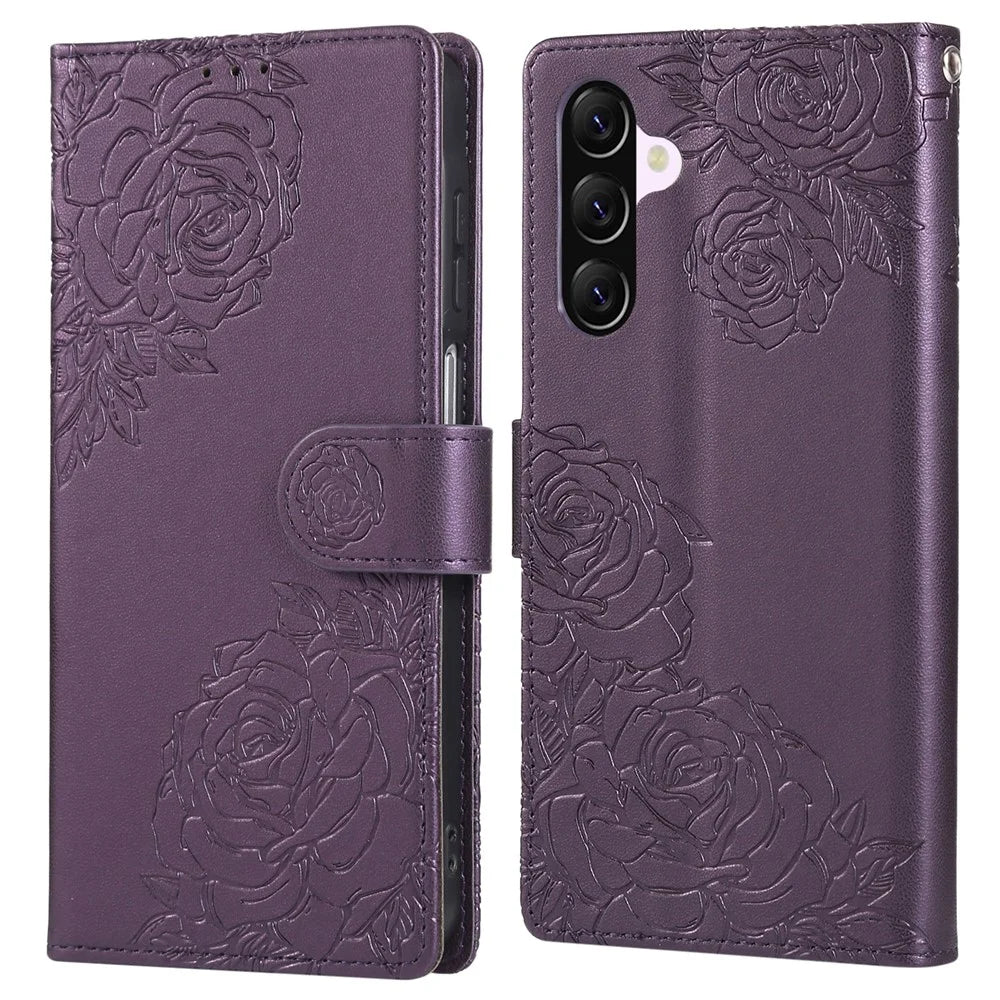 For Samsung Galaxy A56 5G Case Rose Flower PU Leather Wallet Phone Cover with 3 Card Slots - Dark Purple - 1
