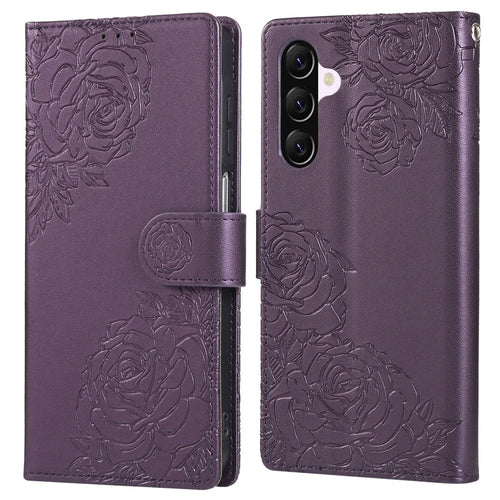 For Samsung Galaxy A56 5G Case Rose Flower PU Leather Wallet Phone Cover with 3 Card Slots - Dark Purple - 1