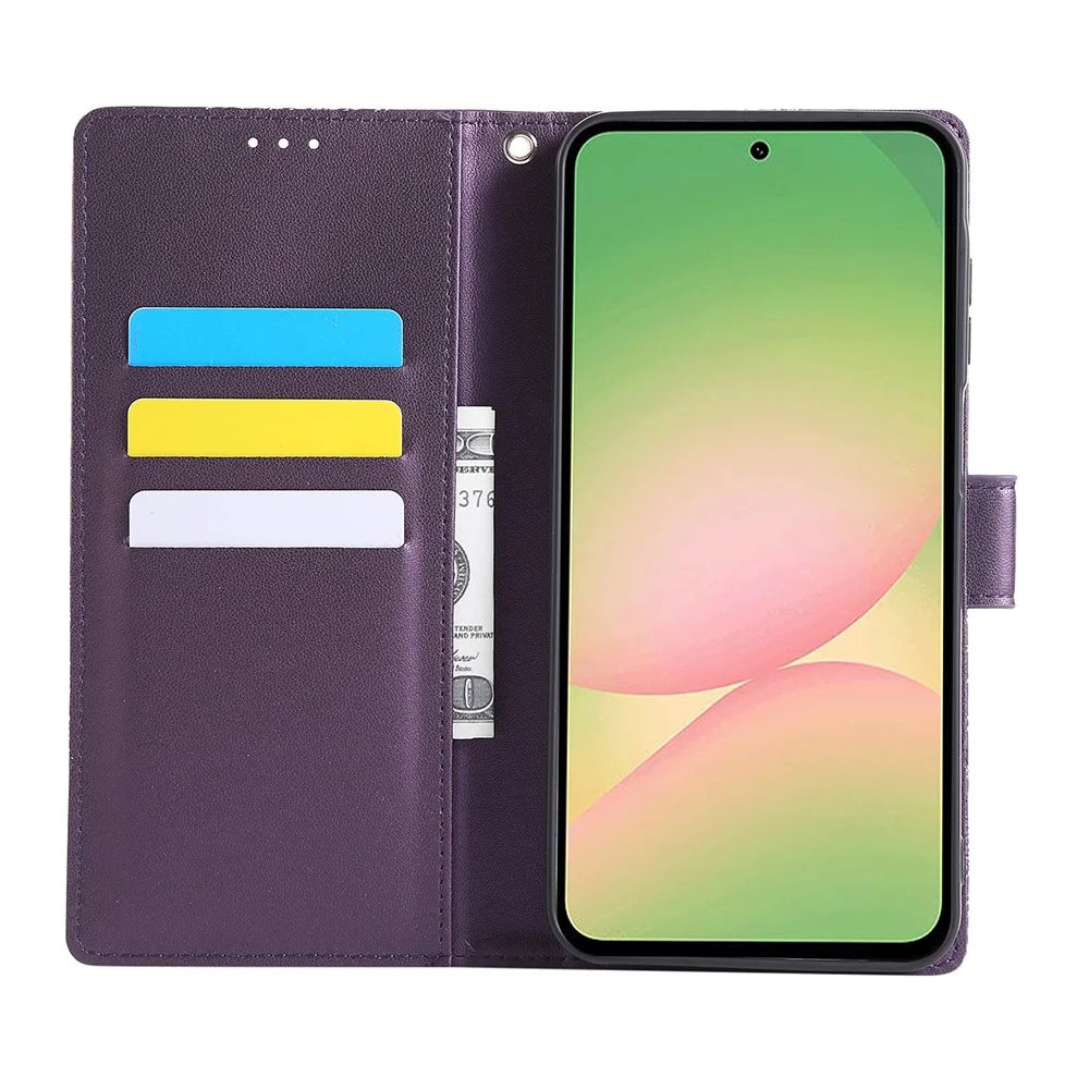 For Samsung Galaxy A56 5G Case Rose Flower PU Leather Wallet Phone Cover with 3 Card Slots - Dark Purple - 2