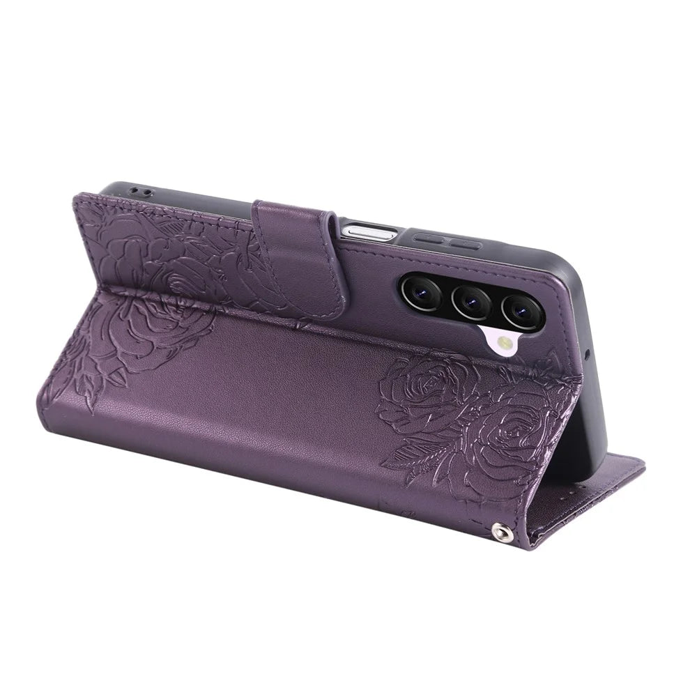 For Samsung Galaxy A56 5G Case Rose Flower PU Leather Wallet Phone Cover with 3 Card Slots - Dark Purple - 3