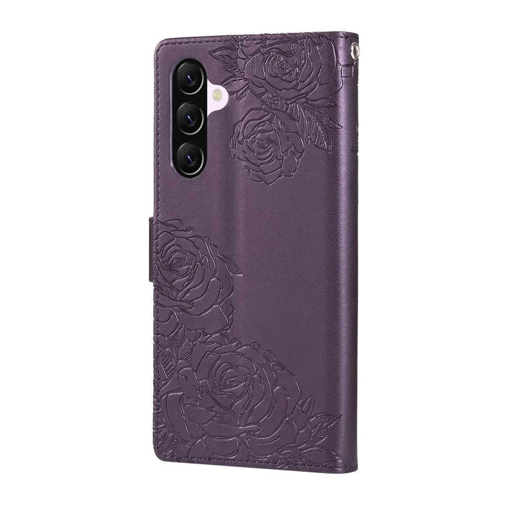 For Samsung Galaxy A56 5G Case Rose Flower PU Leather Wallet Phone Cover with 3 Card Slots - Dark Purple - 7