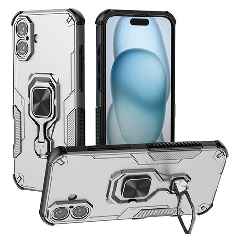 For iPhone 16 Case Rotatable Ring Kickstand PC + TPU Shockproof Phone Cover - Titanium Grey - 1