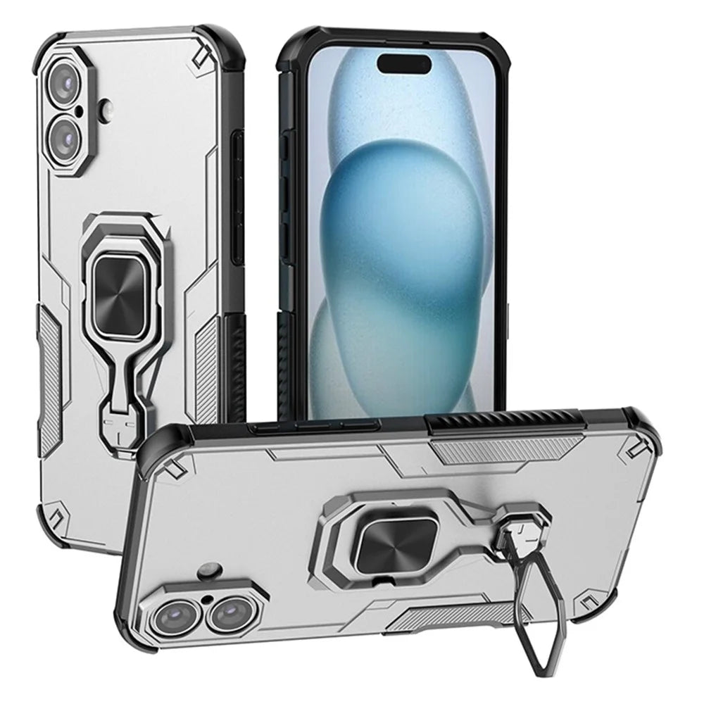 For iPhone 16 Case Rotatable Ring Kickstand PC + TPU Shockproof Phone Cover - Titanium Grey - 1