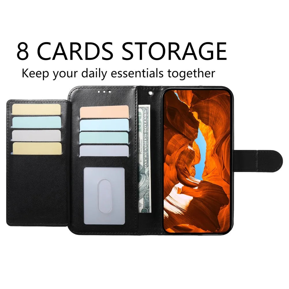 For iPhone 16 Wallet Phone Case with 8 Card Slot Stand PU Leather Folio Flip Cover - Black - 4
