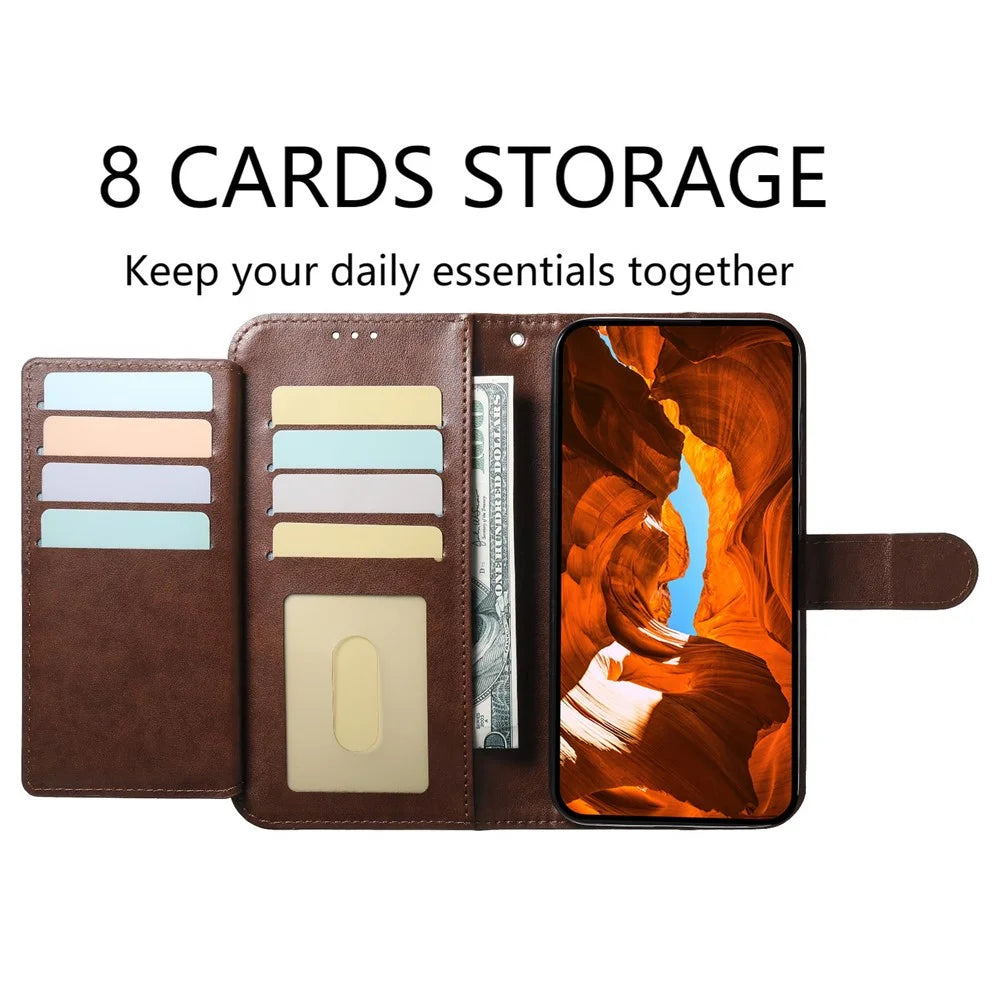 For iPhone 16 Pro Wallet Phone Case with 8 Card Slot Stand PU Leather Folio Flip Cover - Coffee - 4