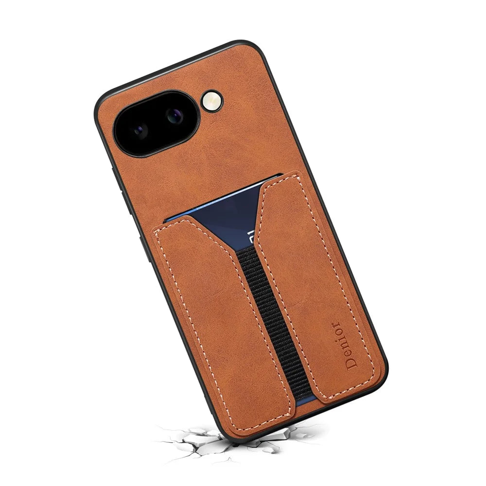 DENIOR For Google Pixel 9a Case Elastic Card Holder PU Leather + TPU + PC Phone Cover - Brown - 3