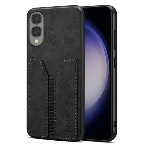 DENIOR For Samsung Galaxy S25 Edge Case Elastic Card Holder PU Leather + TPU + PC Phone Cover - Black - 1
