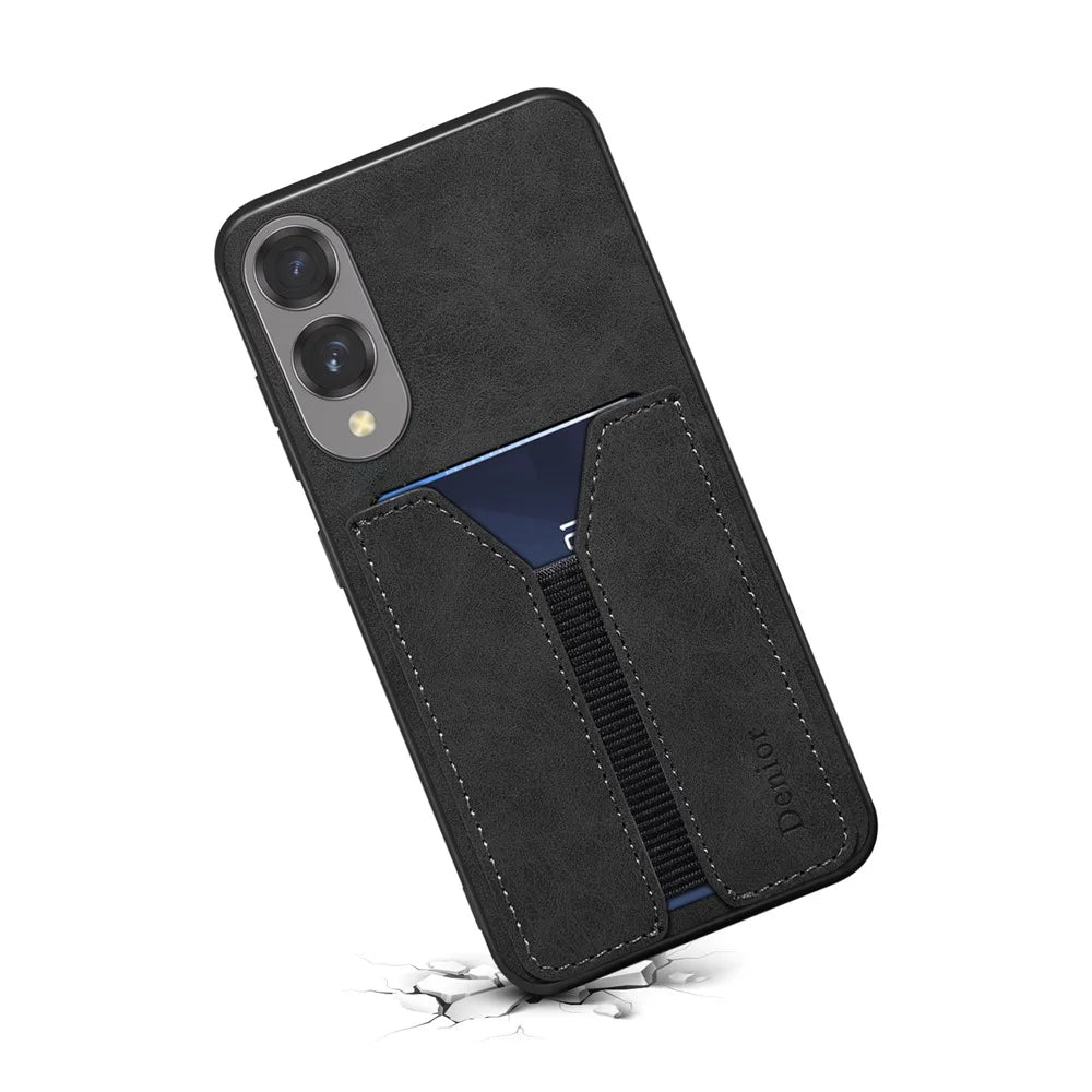 DENIOR For Samsung Galaxy S25 Edge Case Elastic Card Holder PU Leather + TPU + PC Phone Cover - Black - 4