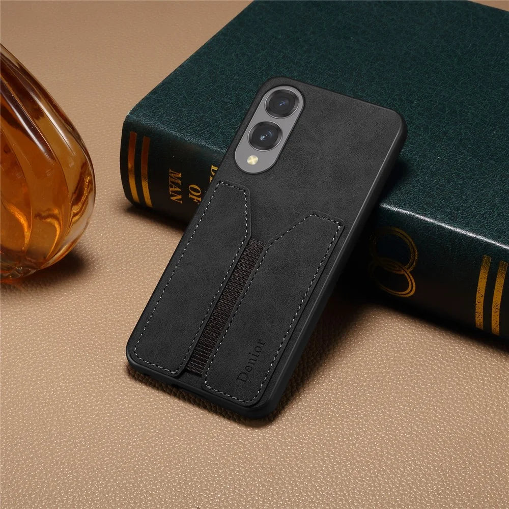DENIOR For Samsung Galaxy S25 Edge Case Elastic Card Holder PU Leather + TPU + PC Phone Cover - Black - 6