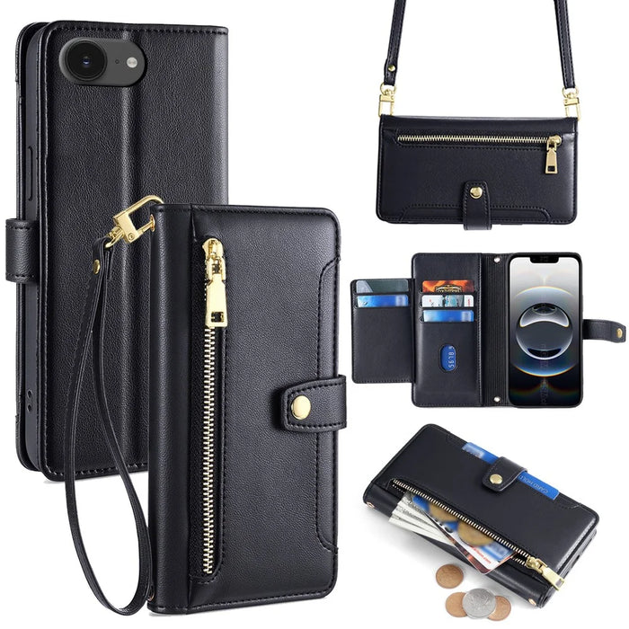 For iPhone 17e / 16e Case Zipper Pocket Wallet Leather Phone Cover with 2 Straps - Black - 1