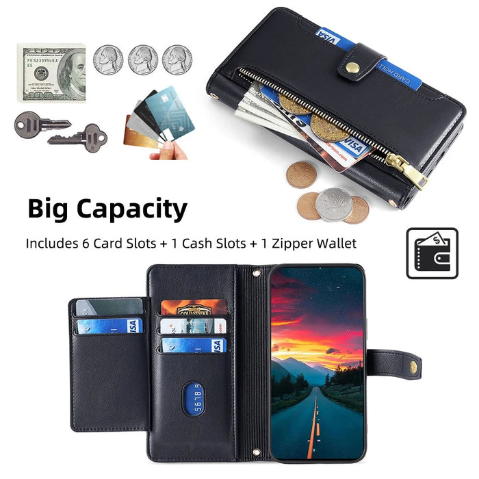 For iPhone 17e / 16e Case Zipper Pocket Wallet Leather Phone Cover with 2 Straps - Black - 5