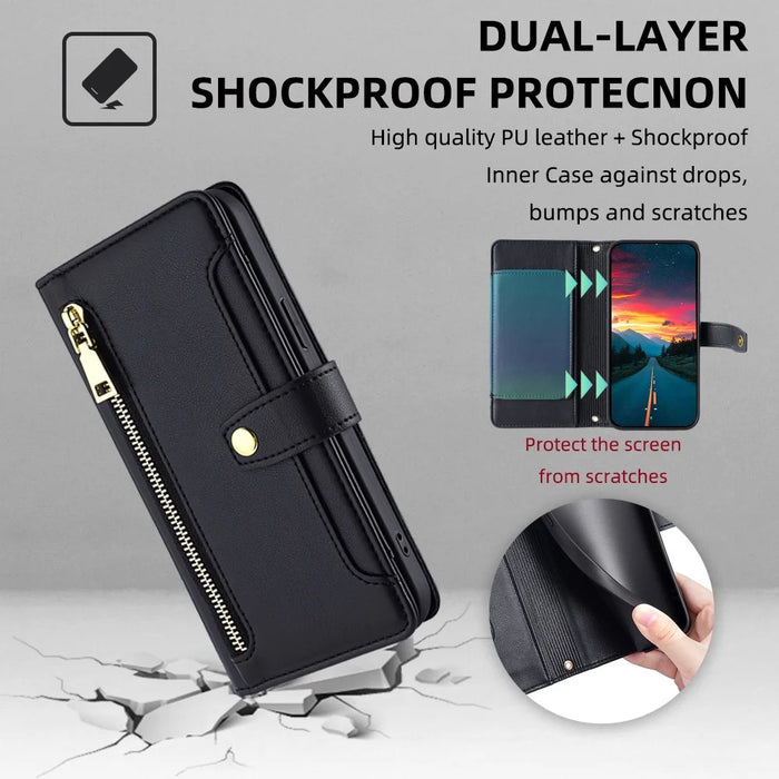 For iPhone 17e / 16e Case Zipper Pocket Wallet Leather Phone Cover with 2 Straps - Black - 7