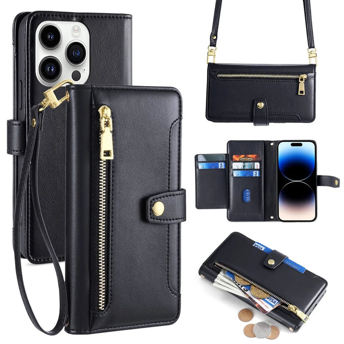 For iPhone 14 Pro Case Zipper Pocket Wallet Leather Phone Cover with 2 Straps - Black - 1