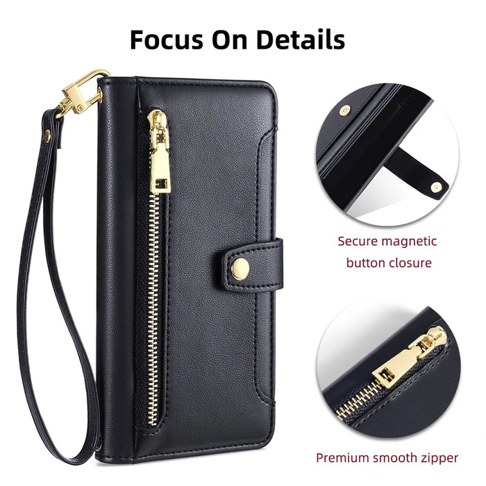 For iPhone 14 Pro Case Zipper Pocket Wallet Leather Phone Cover with 2 Straps - Black - 6