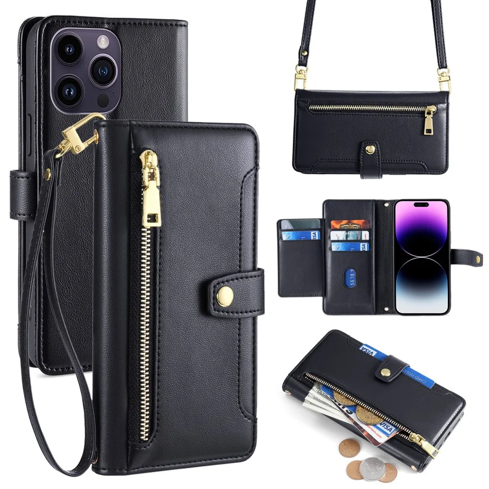 For iPhone 14 Pro Max Case Zipper Pocket Wallet Leather Phone Cover with 2 Straps - Black - 1