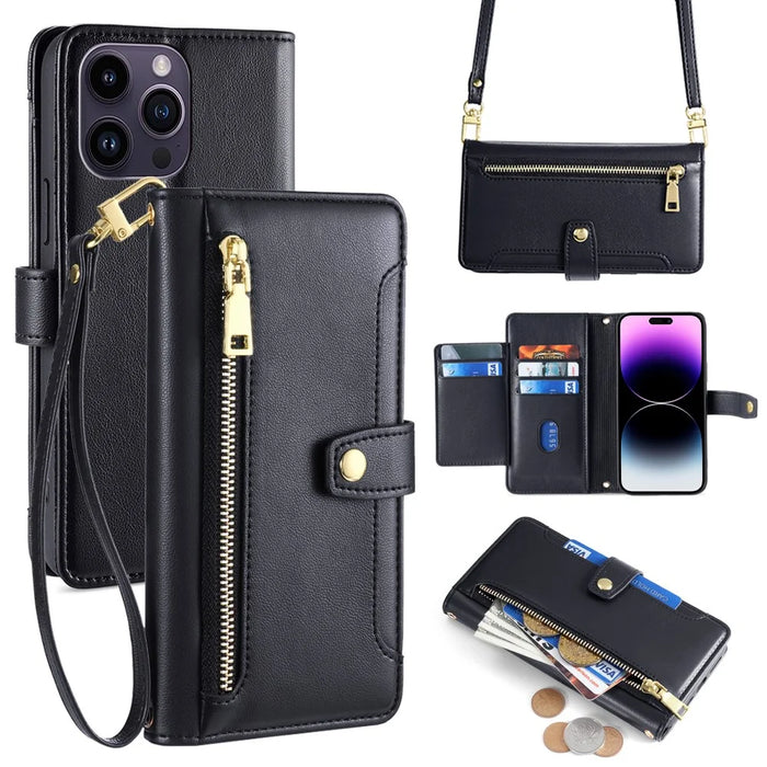 For iPhone 14 Pro Max Case Zipper Pocket Wallet Leather Phone Cover with 2 Straps - Black - 1