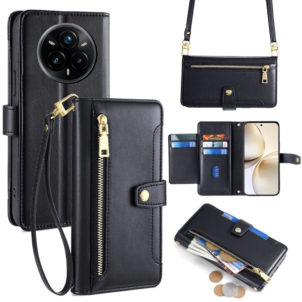 For Realme 14 Pro 5G Case Zipper Pocket Wallet Leather Phone Cover with 2 Straps - Black - 1