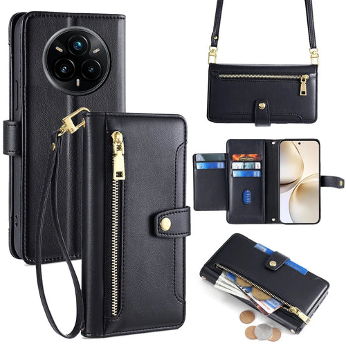 For Realme 14 Pro 5G Case Zipper Pocket Wallet Leather Phone Cover with 2 Straps - Black - 1