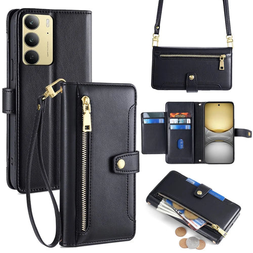 For Realme C75 4G / 14x 5G Case Zipper Pocket Wallet Leather Phone Cover with 2 Straps - Black - 1