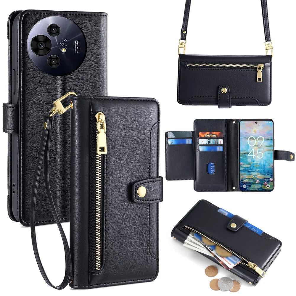 For TCL 50 NxtPaper 5G / 50 Pro NxtPaper 5G Case Zipper Pocket Wallet Leather Phone Cover with 2 Straps - Black - 1