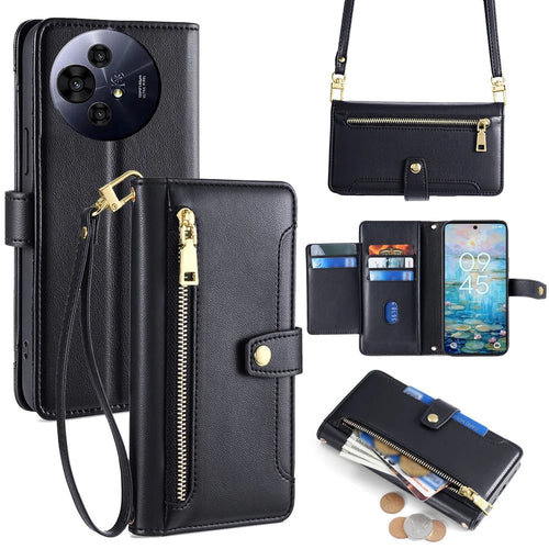 For TCL 50 NxtPaper 5G / 50 Pro NxtPaper 5G Case Zipper Pocket Wallet Leather Phone Cover with 2 Straps - Black - 1