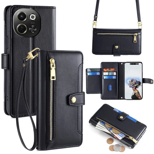 For TECNO Pova 6 Neo 5G / Spark 30 5G Case Zipper Pocket Wallet Leather Phone Cover with 2 Straps - Black - 1