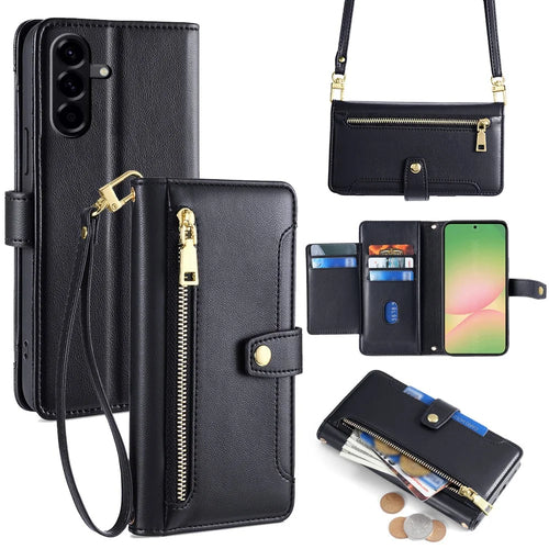 For Samsung Galaxy A56 5G Case Zipper Pocket Wallet Leather Phone Cover with 2 Straps - Black - 1