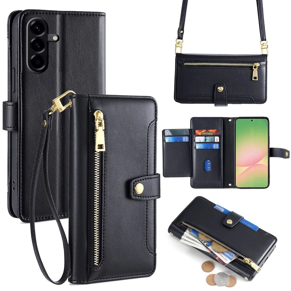 For Samsung Galaxy A56 5G Case Zipper Pocket Wallet Leather Phone Cover with 2 Straps - Black - 1